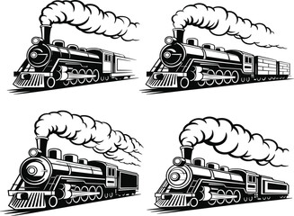 Vintage steam locomotive train set, black and white retro engine illustrations, with smoking chimney stack © Majnur
