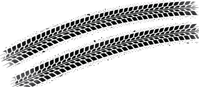Black tire track marks set, curved rubber tread textures, for automotive race and transportation illustration
