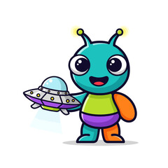 Obraz premium Cute cartoon alien character with a friendly expression and a spaceship toy on a plain white