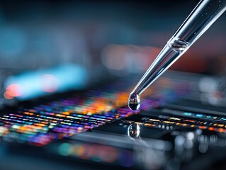 Droplet from pipette falls onto colorful, glowing data grid