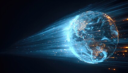 A glowing, luminous digital planet with trails of light, conveying global connectivity