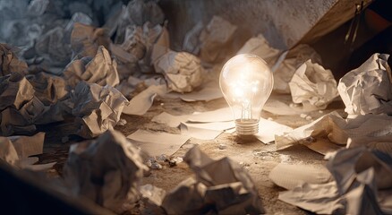Illuminated lightbulb glowing amidst crumpled papers and debris