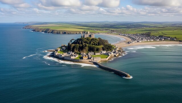 Aerial panorama of St Michael's Mount, a tidal island, crowned by a majestic castle off the coast