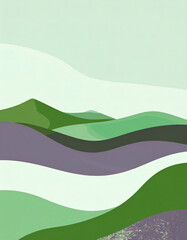 Obraz premium Retro-inspired abstract mountain landscape with layered green and purple terrain stripes, soft pastel highlights, and subtle grain pattern. Artistic modern background with vintage mood.