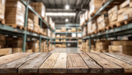 Rustic wooden table in front of a blurred, stacked warehouse of boxes