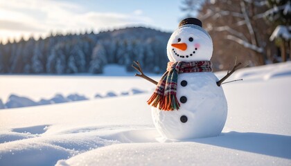 Obraz premium Cheerful snowman stands in a snowy landscape with trees and distant hills under a bright sky