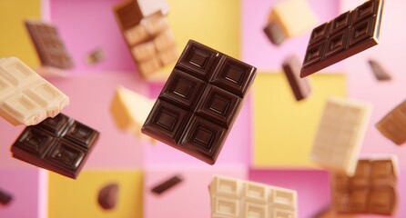Dark, milk, and white chocolate bars floating against a pastel grid