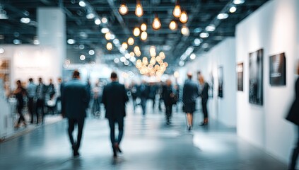 Blurred indoor exhibition hall with illuminated hanging lights and people walking