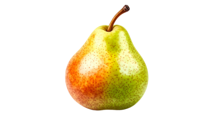 A ripe pear with a brown stem, blending green, yellow, and red hues, isolated on black