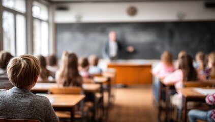 Classroom scene with teacher at blackboard and students at desks