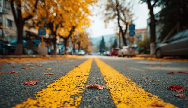 Autumn leaves blanket a road with yellow lines in a suburban setting - Powered by Adobe
