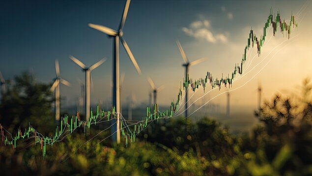 Green energy landscape with a rising stock market graph overlay - Powered by Adobe
