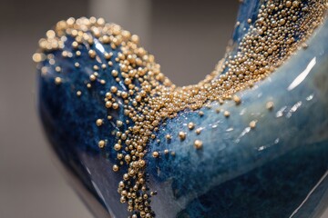 Close-up of blue ceramic sculpture with golden bead accents