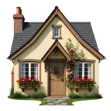A charming small house with a gable roof and flower boxes on the windows