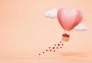 Pink Heart Shaped Hot Air Balloon Carrying Gift Box with Small Hearts Trail on Soft Pastel Background, Romantic Love and Valentine Holiday Concept