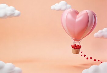 Pink Heart Shaped Hot Air Balloon Carrying Gift Box with Small Hearts Trail on Soft Pastel Background, Romantic Love and Valentine Holiday Concept