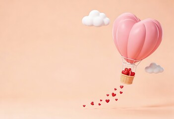 Pink Heart Shaped Hot Air Balloon Carrying Gift Box with Small Hearts Trail on Soft Pastel Background, Romantic Love and Valentine Holiday Concept