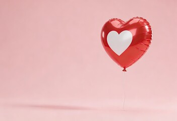 Red Heart Balloon with White Heart Shape on Soft Pink Background, Minimal Romantic Love Concept with Copy Space for Valentine&rsquo;s Day