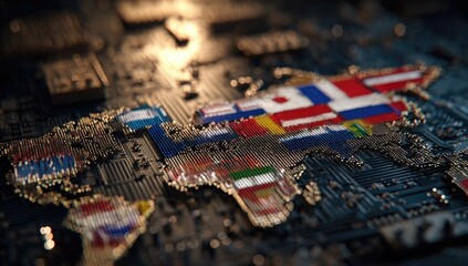 Pixelated world map on circuit board, national flags