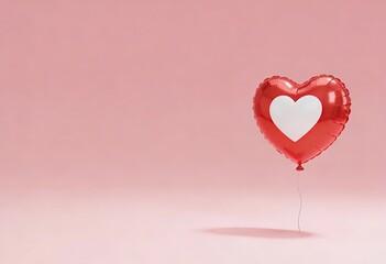 Red Heart Balloon with White Heart Shape on Soft Pink Background, Minimal Romantic Love Concept with Copy Space for Valentine&rsquo;s Day
