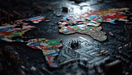 Mosaic world map constructed from national flags on a circuit board