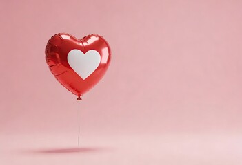 Red Heart Balloon with White Heart Shape on Soft Pink Background, Minimal Romantic Love Concept with Copy Space for Valentine&rsquo;s Day