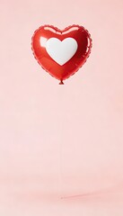 Red Heart Balloon with White Heart Shape on Soft Pink Background, Minimal Romantic Love Concept with Copy Space for Valentine&rsquo;s Day