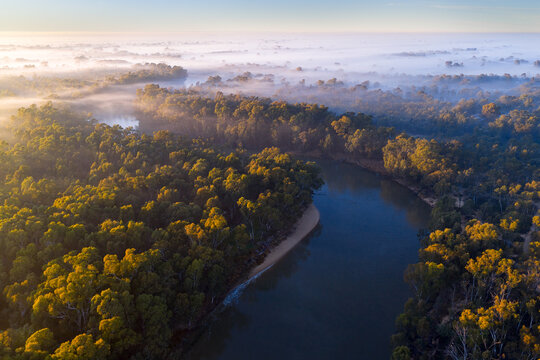 Aerial view of a layer of morning fog over bushland around an inland river