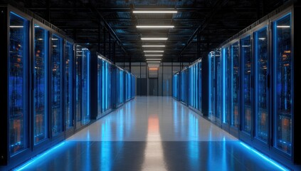 Gleaming server racks with glowing blue lights in a futuristic data center