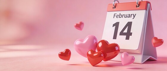 Valentine Day Calendar with February Fourteenth Date Surrounded by Floating Red and Pink Hearts on Soft Background, Romantic Love Holiday Concept