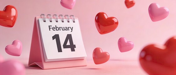 Valentine Day Calendar with February Fourteenth Date Surrounded by Floating Red and Pink Hearts on Soft Background, Romantic Love Holiday Concept