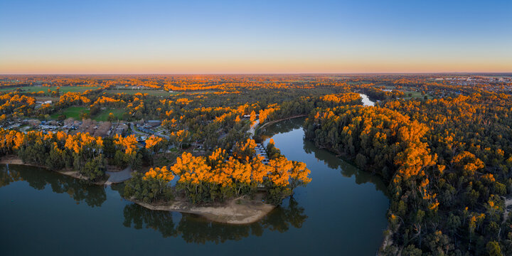 Aerial panorama view of golden light on tree tops along an inland river