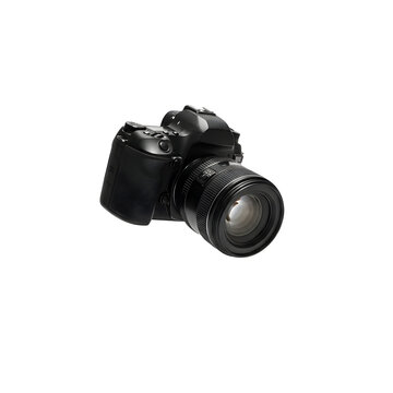 A grayscale digital camera on a solid black background with subtle details visible