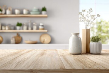 Light, airy kitchen with wooden table and decorative items