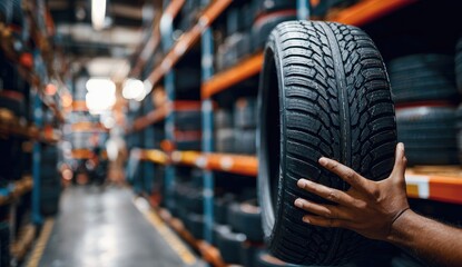Hand holding a tire in a warehouse aisle filled with stacked tires