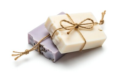 Two handmade soap bars tied with twine, isolated on white background