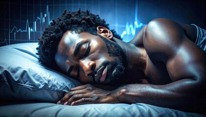 a man sleeping peacefully on a bed with his head resting on a pillow, illuminated by blue graphs in the background