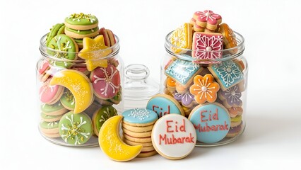 Colorful Eid Mubarak cookies stored in glass jars on a white background