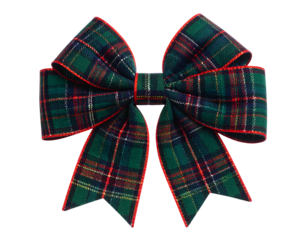 Close-up of a festive plaid bow with red trim, isolated on black