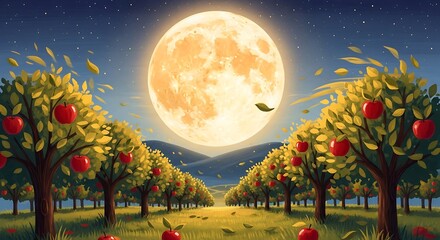 Moonlit Apple Orchard Night Scene Painting.