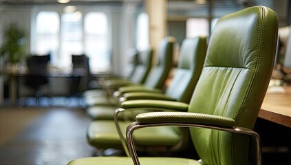 Row of green leather office chairs in a bright, modern workspace