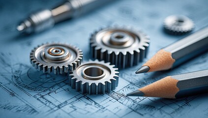 Gears and pencils on blue technical drawing plan