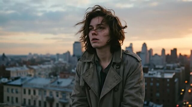 Pensive person in a trench coat observes city skyline from rooftop at dusk