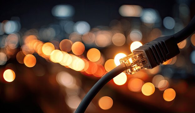 Network cable connector with glowing lights, symbolizing connectivity in a city - Powered by Adobe