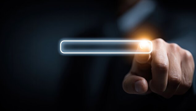 Person's finger pointing at a glowing search bar on a dark background - Powered by Adobe