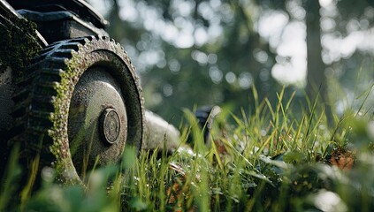 Overgrown grass surrounds a rusty lawnmower wheel in lush outdoor foliage
