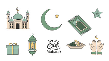 Eid Mubarak Islamic Holiday Icons Collection: Mosque, Crescent Moon, Prayer Mat, Lantern, Gift, Hands