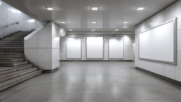 Illuminated subway underpass with blank billboards and concrete stairs - Powered by Adobe