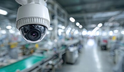 Security camera monitors assembly line with industrial equipment in a factory