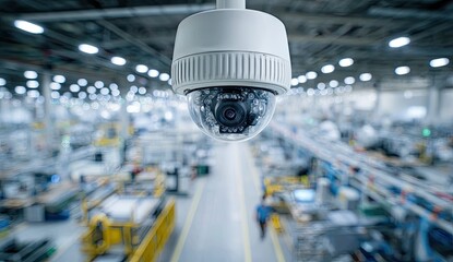 Security camera monitors a modern, brightly lit factory floor with rows of machinery